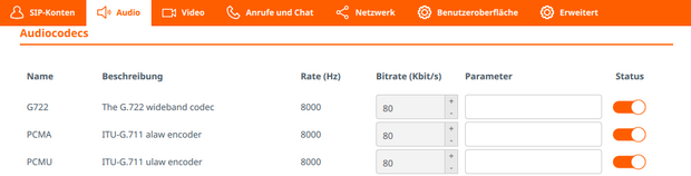 screenshot SIP accounts - Audio settings