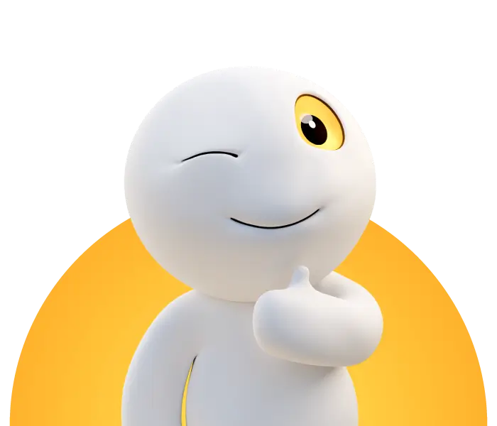 3-D-Figur mit rundem weißen Körper, zwinkernd und Daumen-hoch-Geste vor orangefarbenem Halbkreis