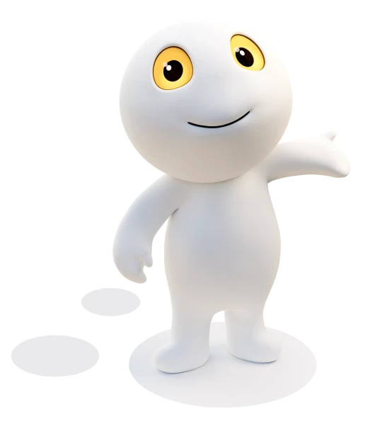 3-D-Figur Ping mit weißem Körper, gelben Augen und ausgestrecktem Arm auf weißer Fläche